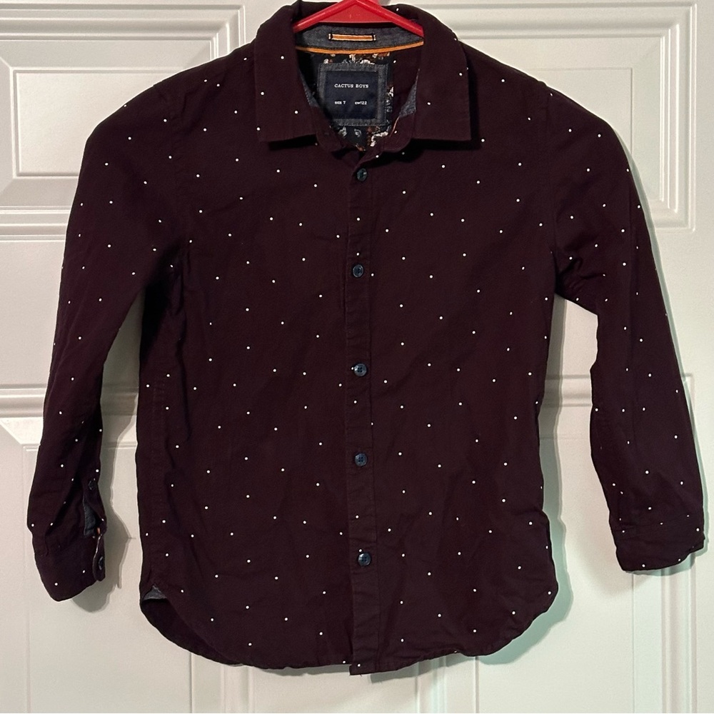 Boys Cactus  Button Down Shirt Size 7 Burgundy With White Polka Dots